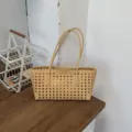 Bolso tote tejido calado para mujer, gran capacidad bolso de hombro informal y elegante. - Amarillo