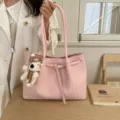 Pink woven tote bag for women, large capacity shoulder underarm bag with chic belt buckle design. - Pink With Pendant