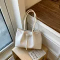 White woven tote bag casual commuter shoulder handbag stylish bucket bag daily accessory. - White