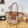 Sac cabas en paille pour femmes grande capacité sac porté épaule élégant sac à main principal - Kaki