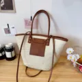 Grand sac cabas en paille pour femme, élégant sac porté épaule en cuir PU marron chic. - Blanc Cassé