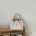 Beige Woven Bucket Bag, Stylish Handbag with Top Handles and Buckle Strap Detail - No Pendant / White