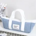 Blue corduroy pencil case with handles, cute aesthetic stationery storage bag for students. - Blue
