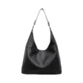 Black woven leather hobo shoulder bag, large capacity daily commute luxury style tote for women. - Black