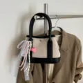 Colorblock Canvas Handbag with Lace Bow Pendant Casual Tote Bag Fashion Women Top Handle Bag - Black Single Bag