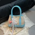 Blue canvas patchwork handbag with pink heart charm and white lace ribbon for women. - Blue Single Bag