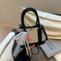 Chic contrast canvas handbag for women, stylish crossbody and tote bag with cute pendant. - Black With Rabbit Pendant