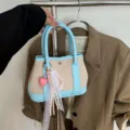 Contrast color canvas handbag for women, stylish tote bag with heart charm and lace ribbons. - Blue with Pendant