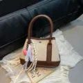 Chic contrast color canvas handbag with cute heart charm and lace ribbons for women daily wear. - Coffee with Pendant