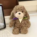 Cute brown curly puppy plush toy doll with colorful scarf, soft stuffed animal gift. - 32cm / Tan