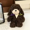 Cute brown curly puppy plush toy with colorful neckerchief, soft stuffed animal gift for kids. - 32cm / Dark Brown