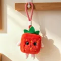 Cute plush strawberry keychain bag charm, fluffy square fruit pendant for cute backpack decor. - Strawberry / 14cm