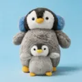 Bezauberndes Mutter und Baby Pinguin Plueschtier mit blauen Ohrenschuetzern, kuschelig. - Mutter Und Kind Pinguin / 28cm