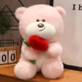Lindo oso de peluche rosa con corazón rojo, muñeca suave de vellón de visón de regalo. - Rosa