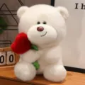 Lindo oso de peluche blanco sosteniendo corazon rojo, muneca suave regalo para el dia de san valentin. - Blanco