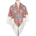 Grote vierkante sjaal met traditionele bloemenprint en franjes etnische stijl vrouwen - Beige