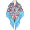 Detailed view of the vibrant blue Russian style floral square shawl with elegant long fringes. - Sky Blue