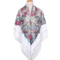 Witte bloemige franje vierkante sjaal, traditionele etnische stijl damessjaal voor reizen. - Wit Bloemen