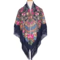Ethnic Russian style floral print shawl with decorative fringe for women, perfect outer wear. - Navy Blue