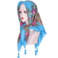 Blue floral print square headscarf ethnic style cotton turban fashion shawl for women. - Sky Blue