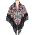 Detailed ethnic floral print fringe shawl detail view, black vintage scarf wrap. - Black