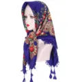 Blue floral pattern headscarf detail, traditional Central Asian style scarf with tassel trim. - Sapphire Blue
