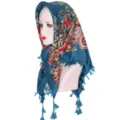 Central Asian ethnic style floral print cotton square headscarf with tassel trim shawl - Teal