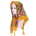 Yellow floral print headscarf cotton ethnic style square scarf with tassels for women daily. - Yellow