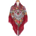 Women ethnic floral fringe square scarf retro Russian style shawl wrap red winter accessories - Burgundy