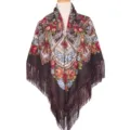 Ethnic floral print tassel shawl for women, Russian style vintage winter warm square scarf. - Coffee
