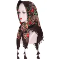 Retro floral printed square headscarf with tassels, ethnic style cotton hair wrap. - Coffee
