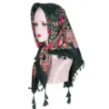 Dark green floral square headscarf with retro paisley patterns and tassels for women. - Dark Green