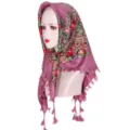 Detailed view of the floral pattern cotton headscarf, Central Asian ethnic style with tassels. - Dusky Pink