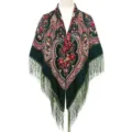 Dark green floral fringe shawl scarf, traditional pattern wrap for evening dresses and parties. - Army Green
