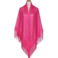 Detailed display of ethnic hollow lace fringe shawl, vibrant pink summer sun protection. - Rose Red