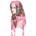 Pink floral print cotton head scarf close-up, traditional ethnic style tassel square shawl. - Watermelon red