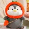 Süßes graues Pinguin Plüschtier mit oranger Karotten Kapuze und kleiner Karotten Umhängetasche. - Grauer Pinguin - Karotten-Stil