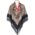Ethnic retro floral fringe shawl, vintage Russian style large square scarf outerwear accessory. - Black
