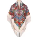Traditionele Russische bloemvormige vierkante sjaal voor dames met franjes en vintage. - Waaiervormig bloemenpatroon - beige