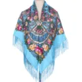 Blue floral fringed shawl detail, traditional Russian style scarf, warm winter wrap. - Fan-Shaped Floral - Sky Blue