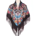 Detailed view of traditional floral fringed shawl showing intricate vintage roses and soft fabric. - Fan-Shaped Floral - Coffee