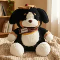 Cute plush dog toy sitting stuffed animal with beret and scarf soft kids birthday gift - Black Dog / 22cm