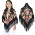 Traditional Russian floral fringe shawl, retro ethnic style square scarf for women. - Black