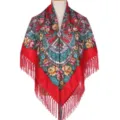 Rode bloemige franje sjaal vrouwen vintage etnische sjaal grote vierkante hoofddoek - Waaiervormig bloemenpatroon - rood