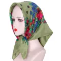 Vintage floral square scarf for women, ethnic retro olive green head wrap for sun protection. - Olive