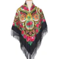 Traditional ethnic floral fringe square scarf Russian style shawl detailed view item - Black