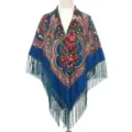 Blue retro floral printed fringe shawl scarf elegant evening dress accessory for women - Haqing