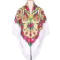Ethnic floral print women shawl Russian style fringe scarf for summer travel photography - White