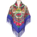Ethnic floral print scarf fringe shawl women traditional blue square wrap accessory - Blue