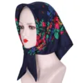 Vintage bloemenprint vierkante hoofddoek voor dames, etnische stijl katoenen haardoek. - Marineblauw